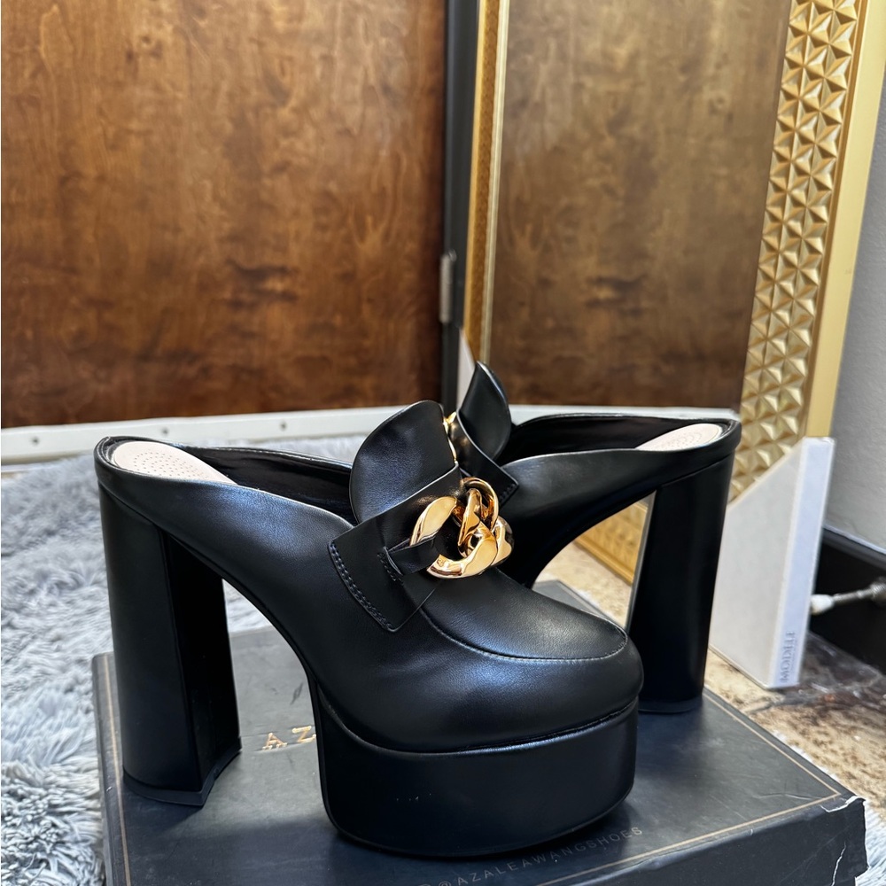 Black Platform Mules with Gold Chain Accent